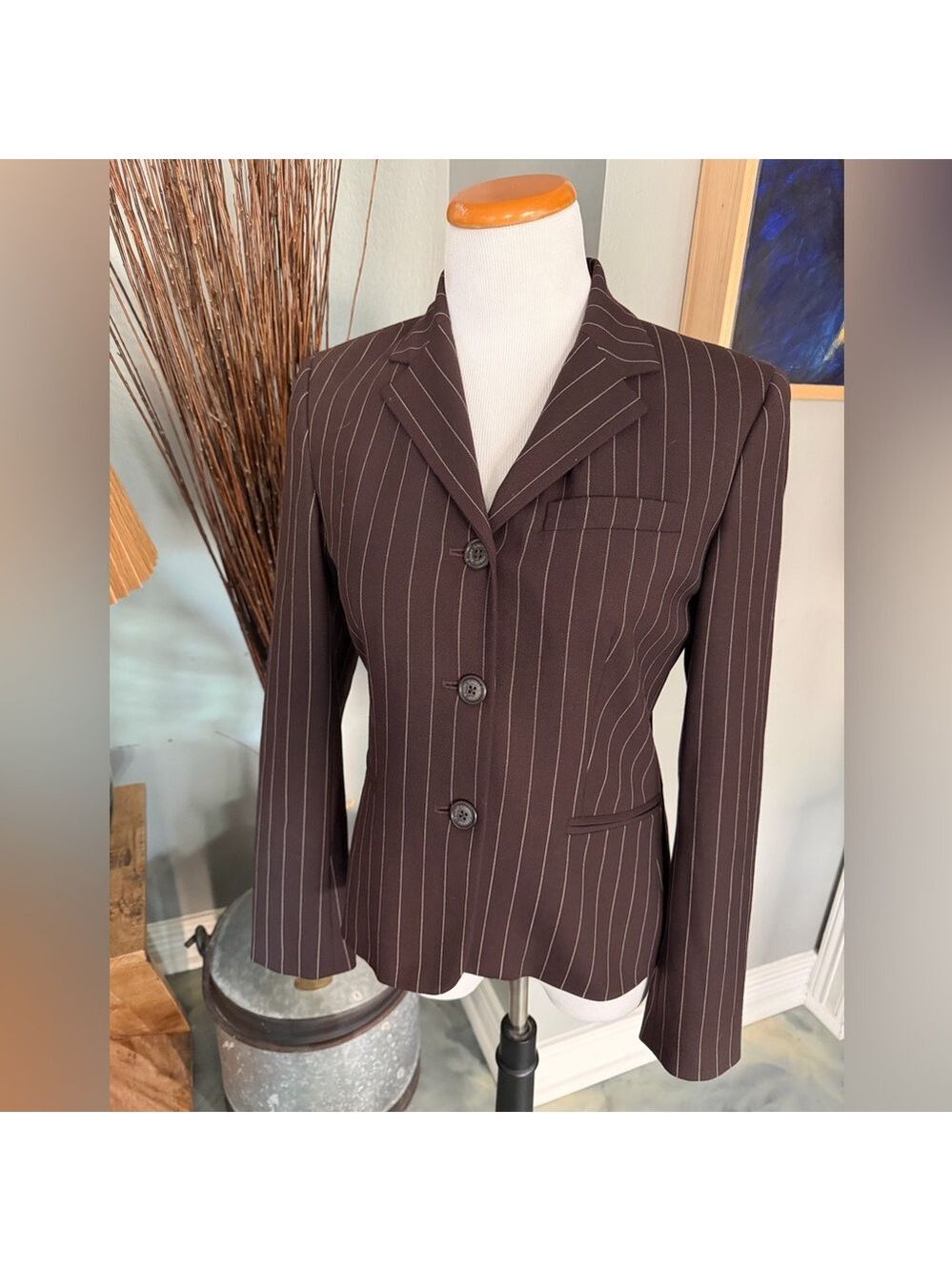 Lauren Ralph Lauren Classic Blazer 3 Button Wool Brown and Tan Pinstripe Jacket - Picture 11 of 12